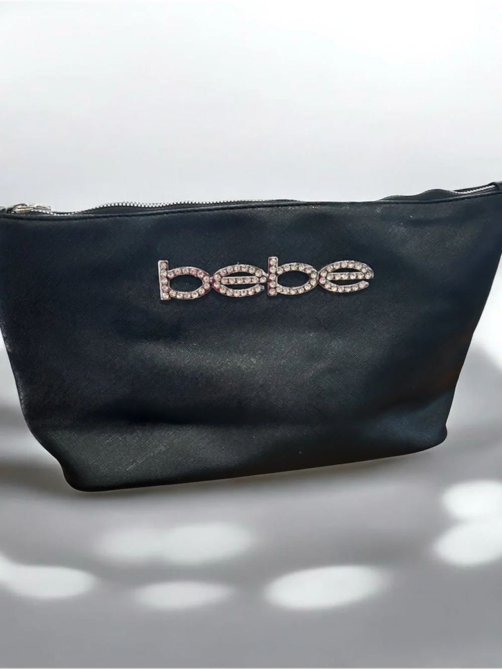 Bebe Black Saffiano Cosmetic Bag Rhinestone Logo Makeup Pouch